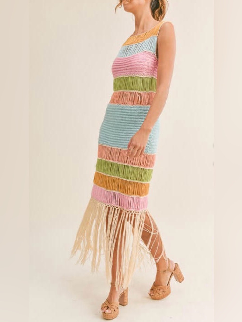 Crochet Fringed Striped Knit Midi Dress in Multicolor - Picture 5 of 10